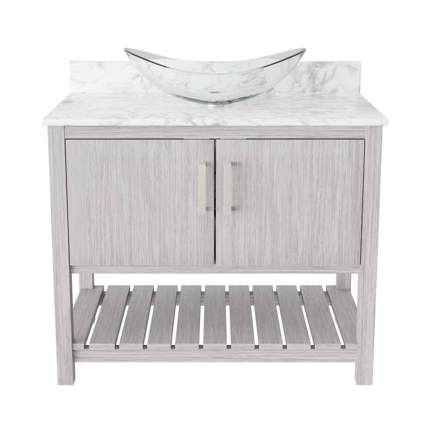 Novatto 36-inch bath vanity with Carrara white marble countertop and sink, modern bathroom accessory with sleek design.