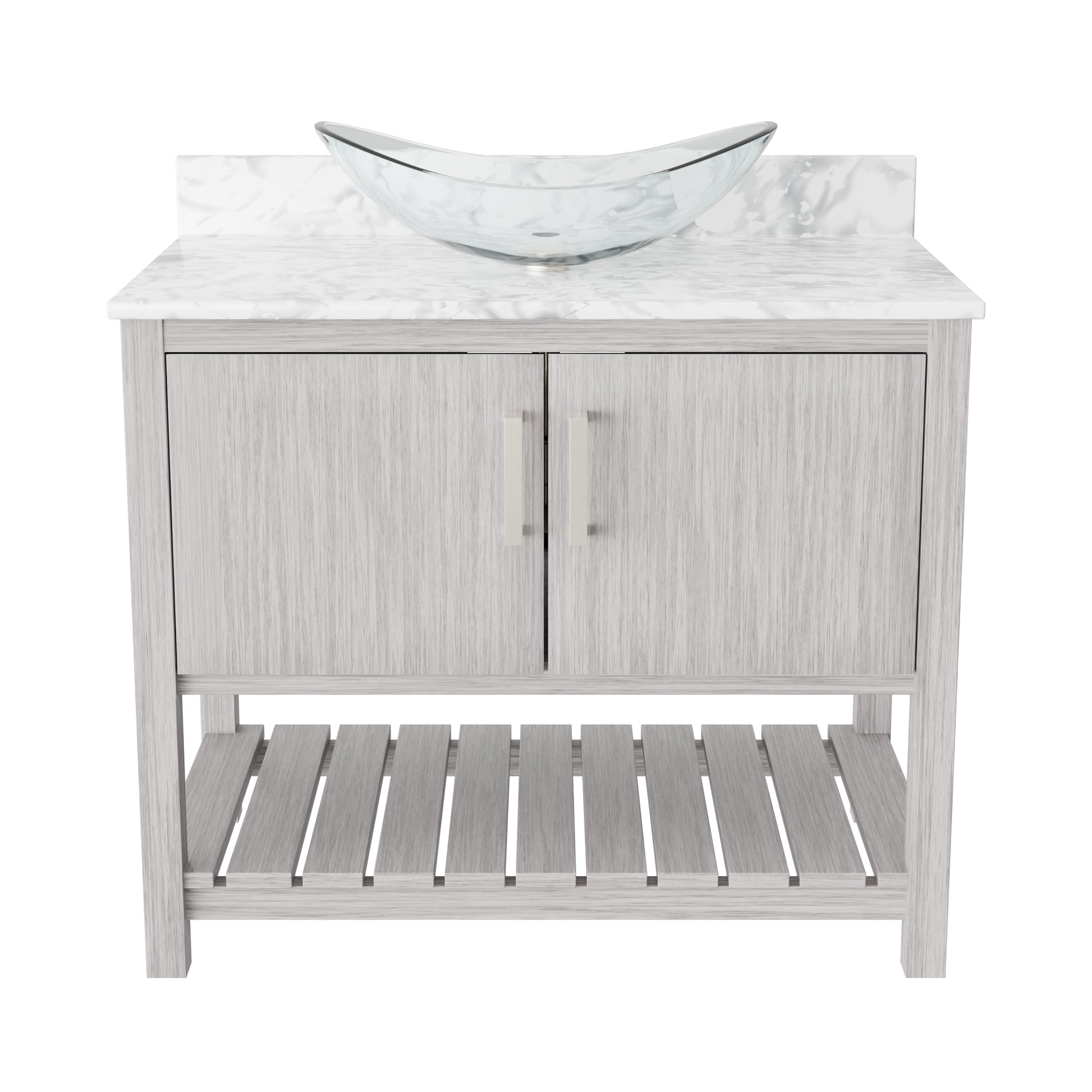 Novatto 36-inch bath vanity with Carrara white marble countertop and sink, modern bathroom accessory with sleek design.