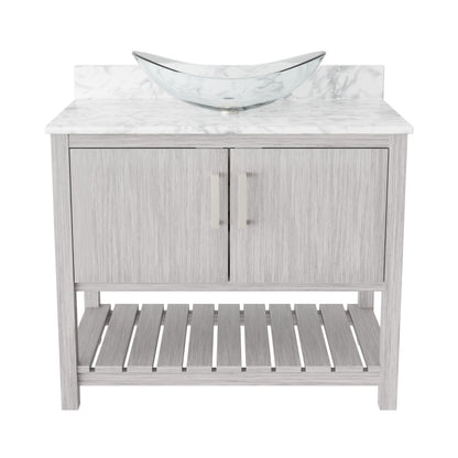 Novatto 36-inch bath vanity with Carrara white marble countertop and sink, modern bathroom accessory with sleek design.