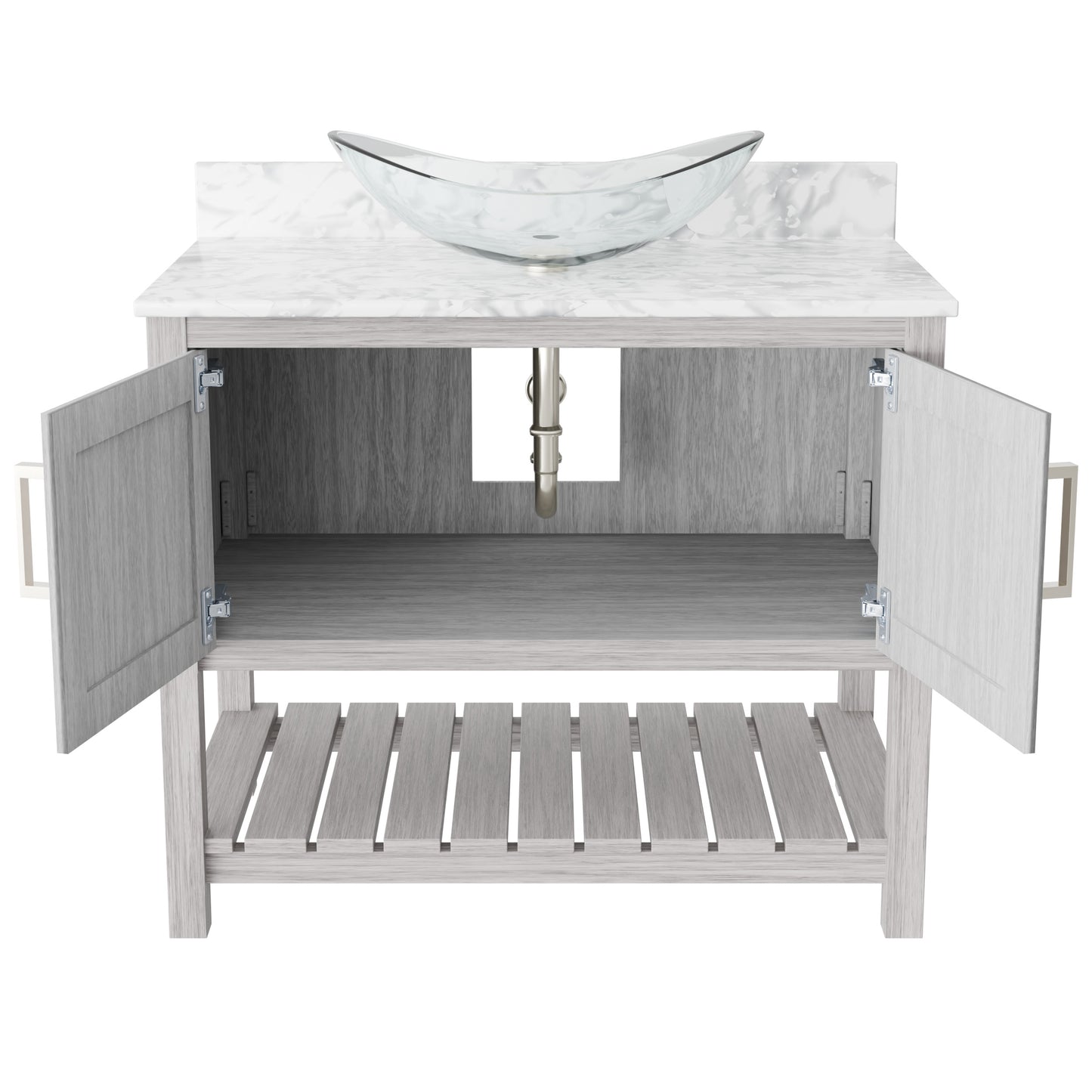 Novatto 36-inch bath vanity with Carrara white marble countertop and sink, showcasing a modern bathroom accessory.