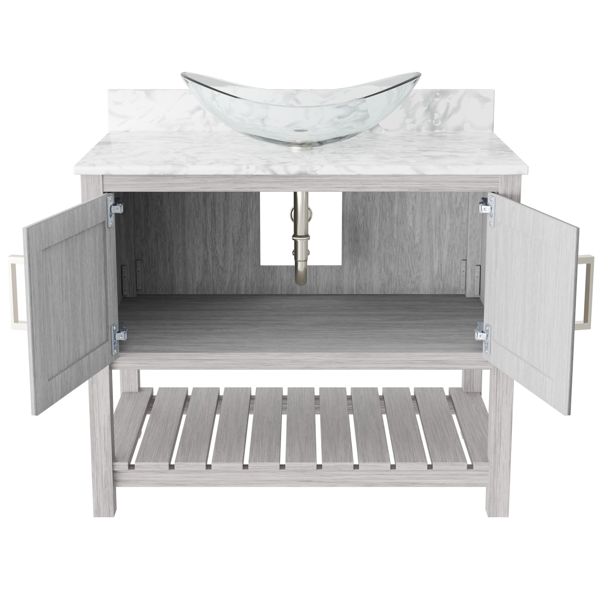 Novatto 36-inch bath vanity with Carrara white marble countertop and sink, showcasing a modern bathroom accessory.