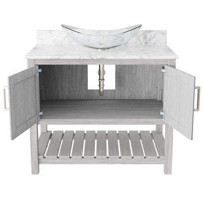 Novatto 36-inch bath vanity with Carrara white marble countertop and sink, showcasing a modern bathroom accessory.