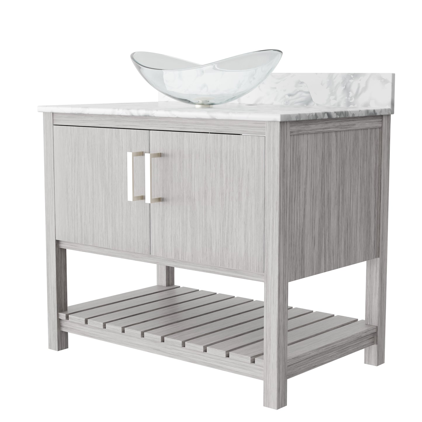 Novatto 36-inch bath vanity with Carrara white marble countertop and sink, sleek bathroom accessory with modern design.