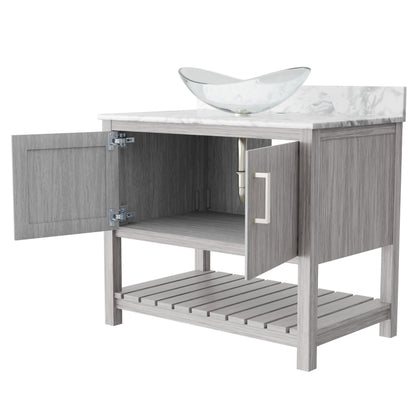 Novatto 36-inch bath vanity with Carrara white marble counter and sink, showcasing elegant bathroom accessory design