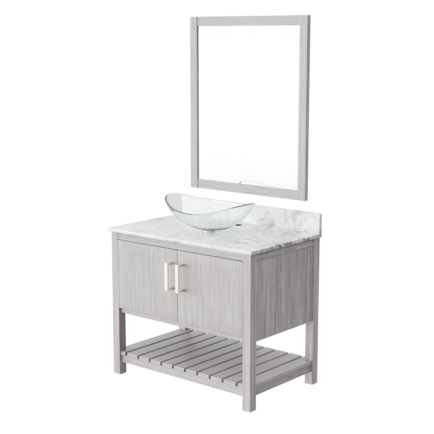 36-inch Novatto bath vanity with Carrara white marble counter and integrated sink, showcasing elegant bathroom accessory design.
