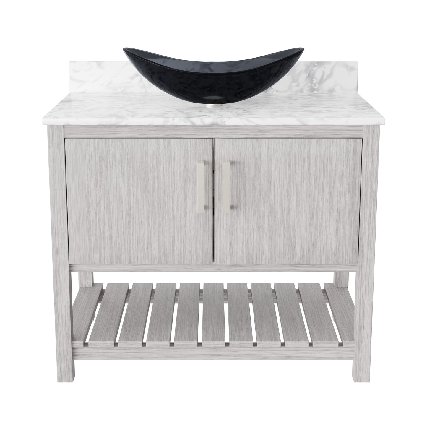 Novatto 36-inch bathroom vanity with Carrara white marble counter and integrated sink, showcasing elegant bathroom accessory design.
