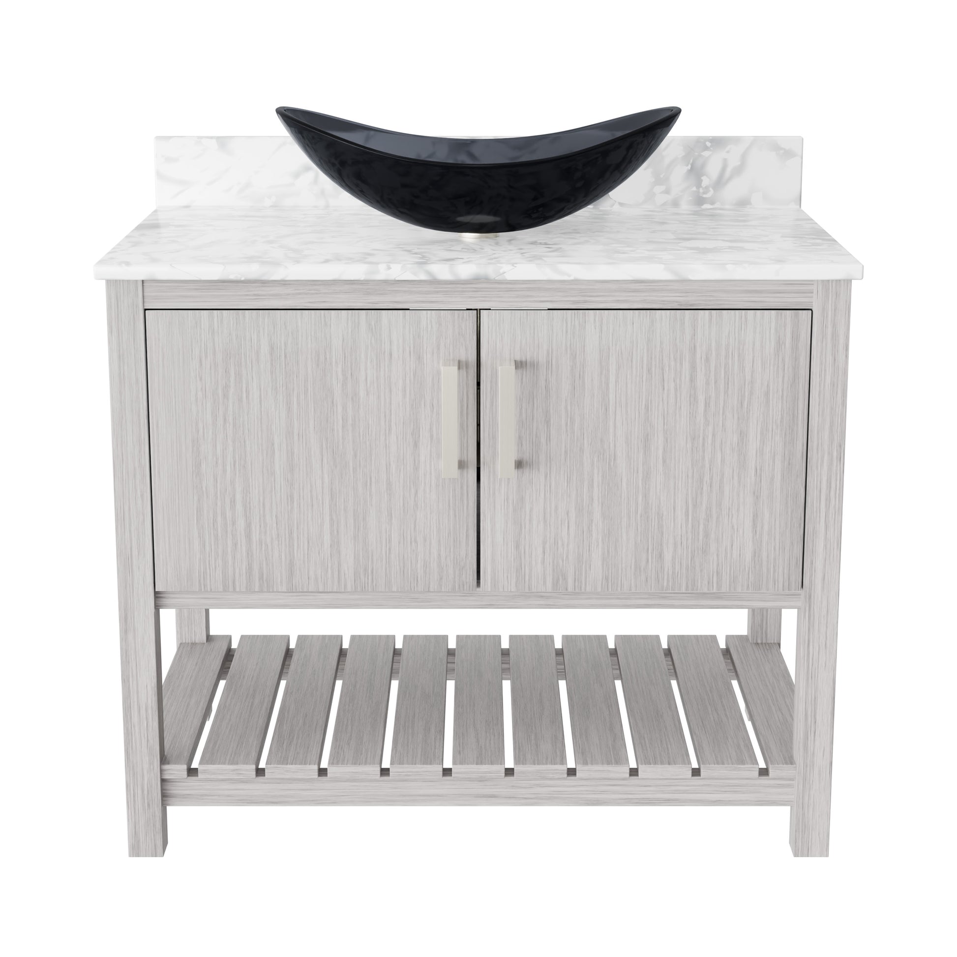 Novatto 36-inch bathroom vanity with Carrara white marble counter and integrated sink, showcasing elegant bathroom accessory design.