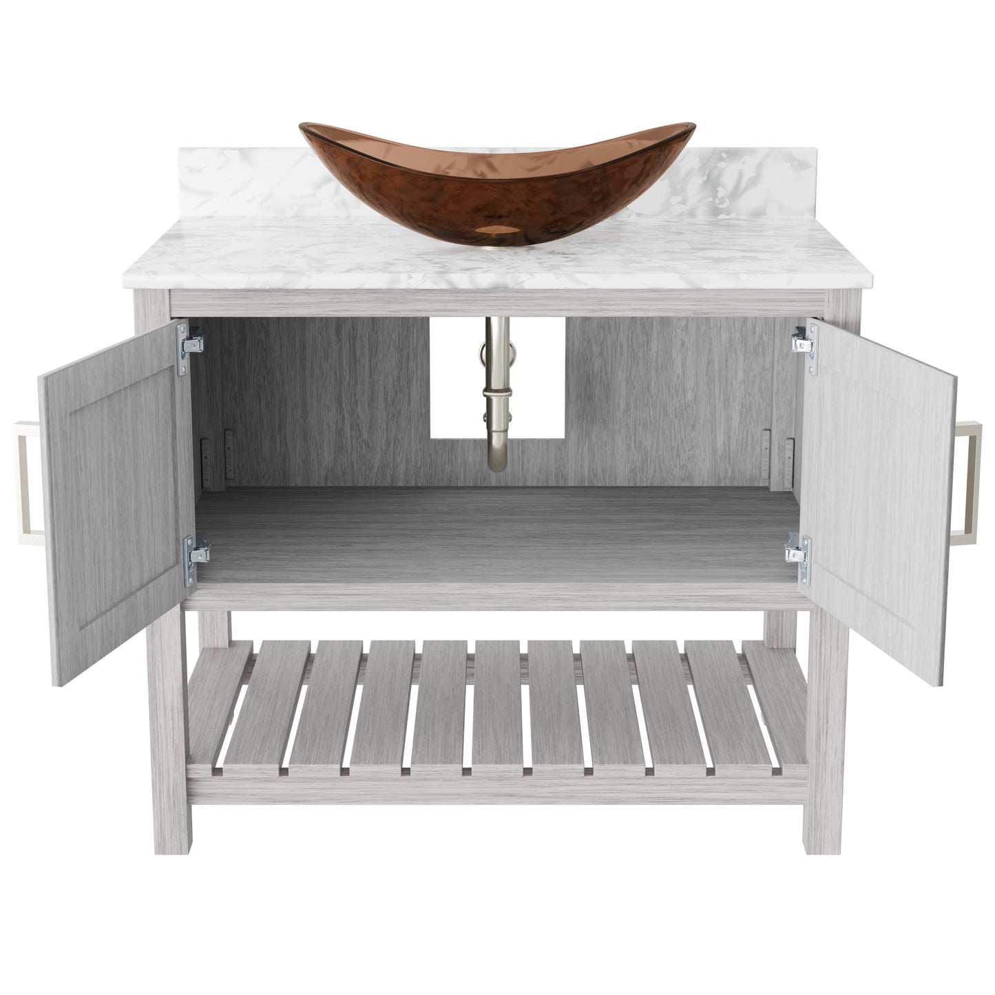 Novatto 36-inch bath vanity with Carrara white marble counter and integrated sink, showcasing elegant bathroom accessory design.