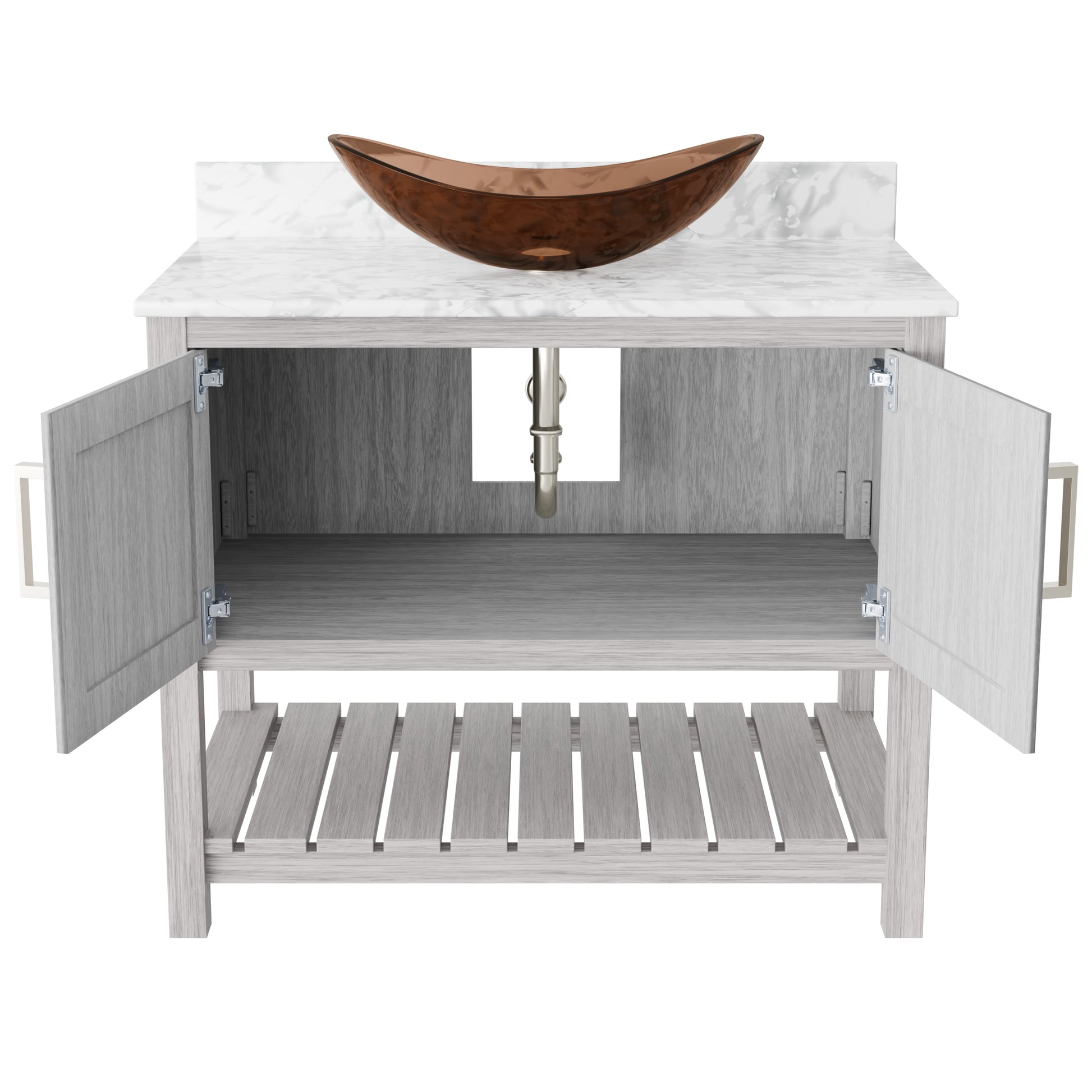 Novatto 36-inch bath vanity with Carrara white marble counter and integrated sink, showcasing elegant bathroom accessory design.