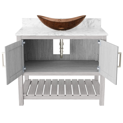 Novatto 36-inch bath vanity with Carrara white marble counter and integrated sink, showcasing elegant bathroom accessory design.