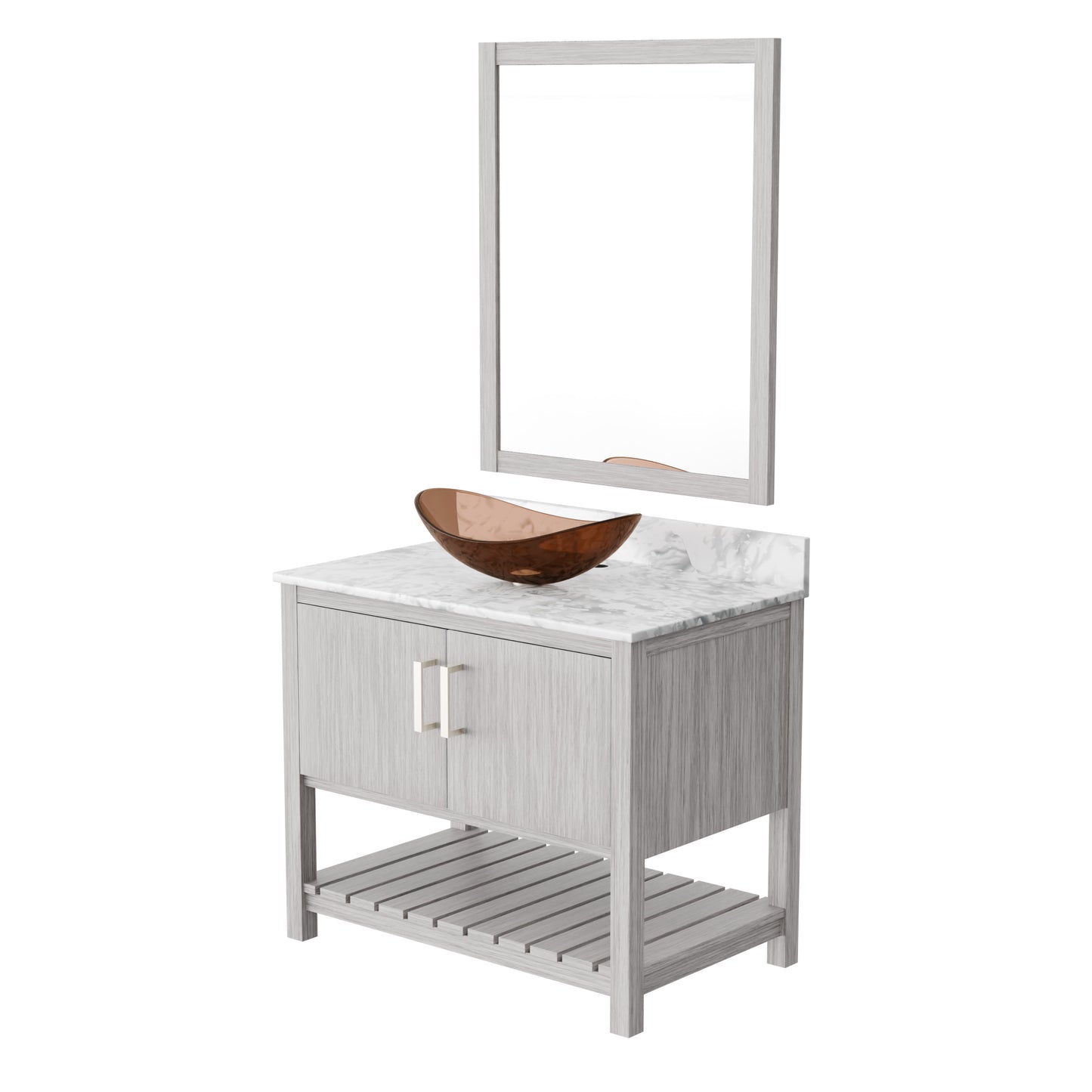 Novatto 36-inch bath vanity with Carrara white marble counter and sink, featuring modern design and natural stone finish.