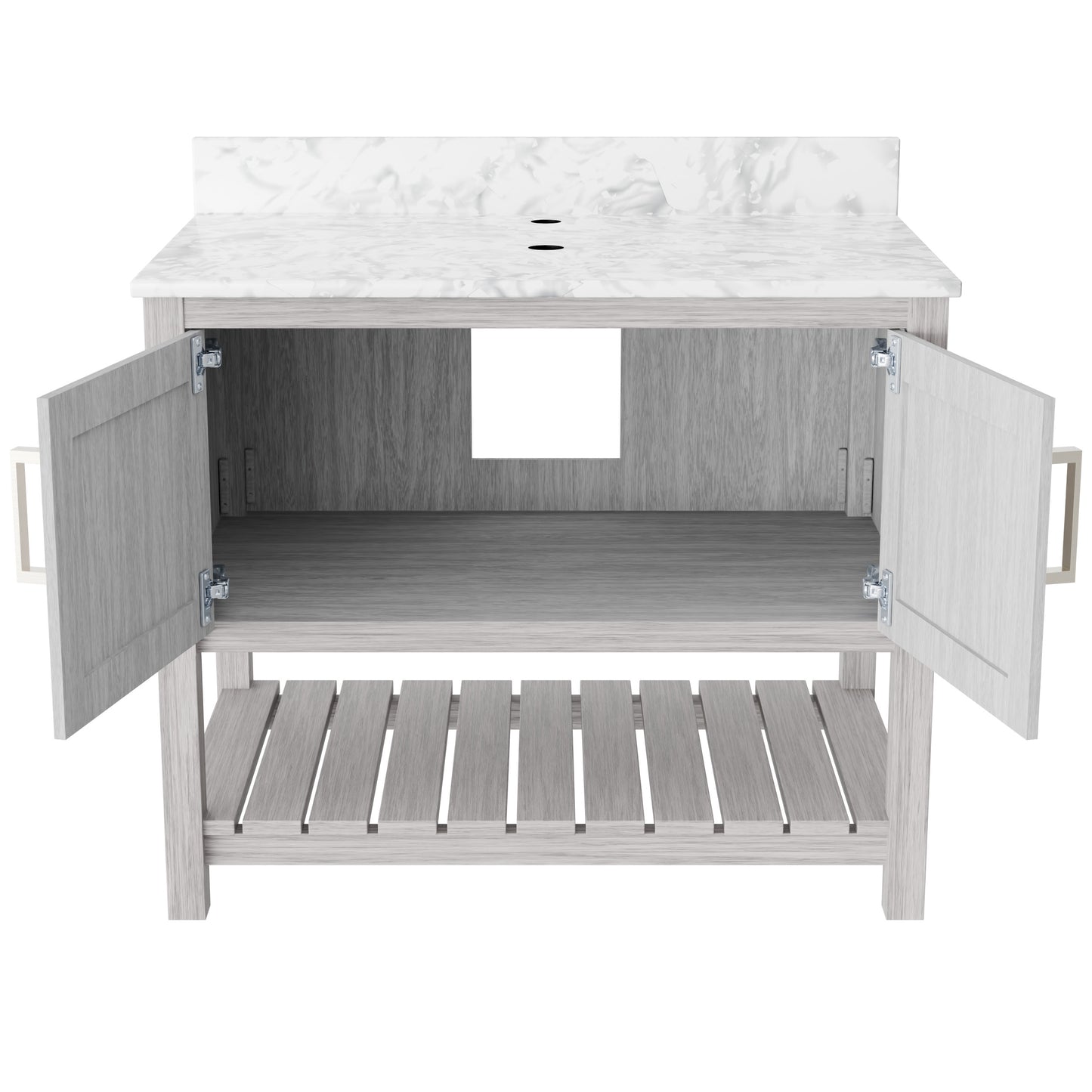 36-inch vanity with Carrara white marble countertop by Novatto, featuring a modern bathroom accessory design.