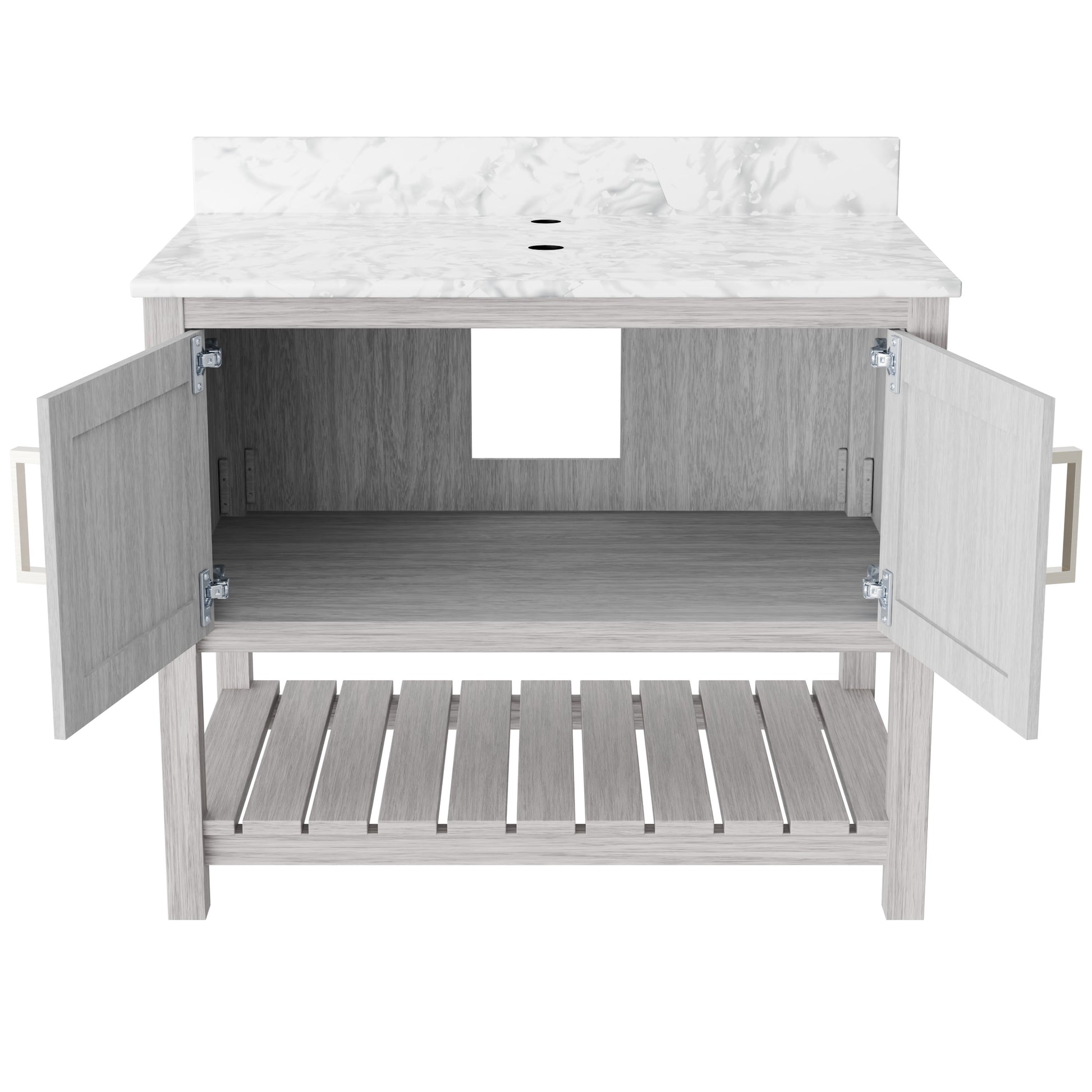 36-inch vanity with Carrara white marble countertop by Novatto, featuring a modern bathroom accessory design.