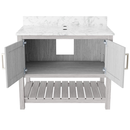 36-inch vanity with Carrara white marble countertop by Novatto, featuring a modern bathroom accessory design.