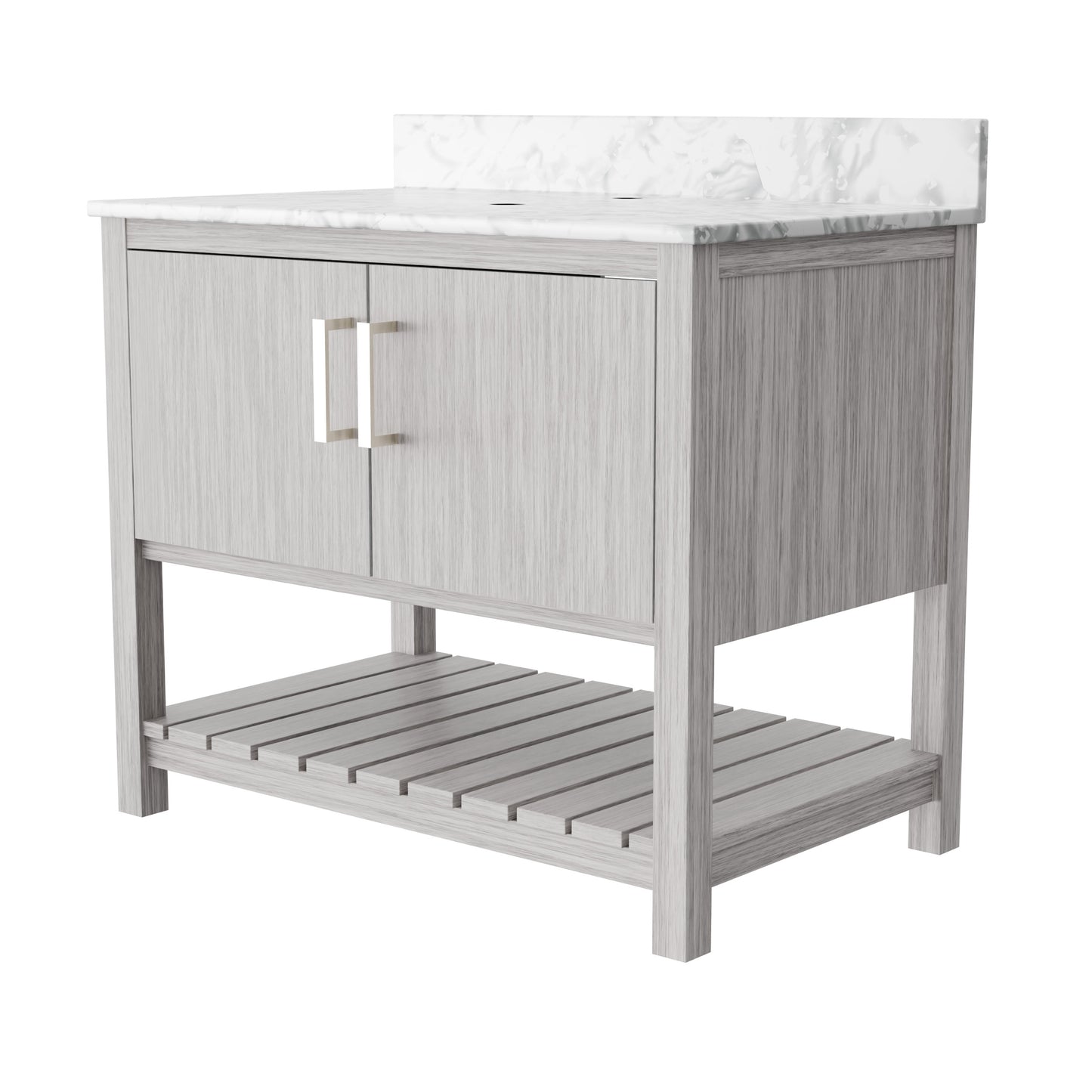 36-inch Novatto vanity with Carrara White marble countertop, featuring a sleek bathroom accessory design.