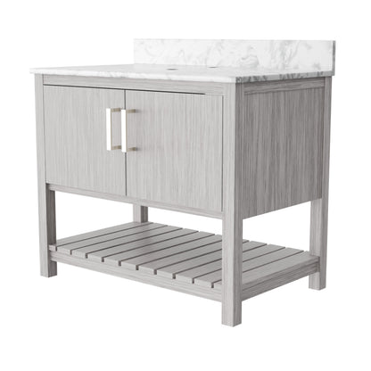 36-inch Novatto vanity with Carrara White marble countertop, featuring a sleek bathroom accessory design.