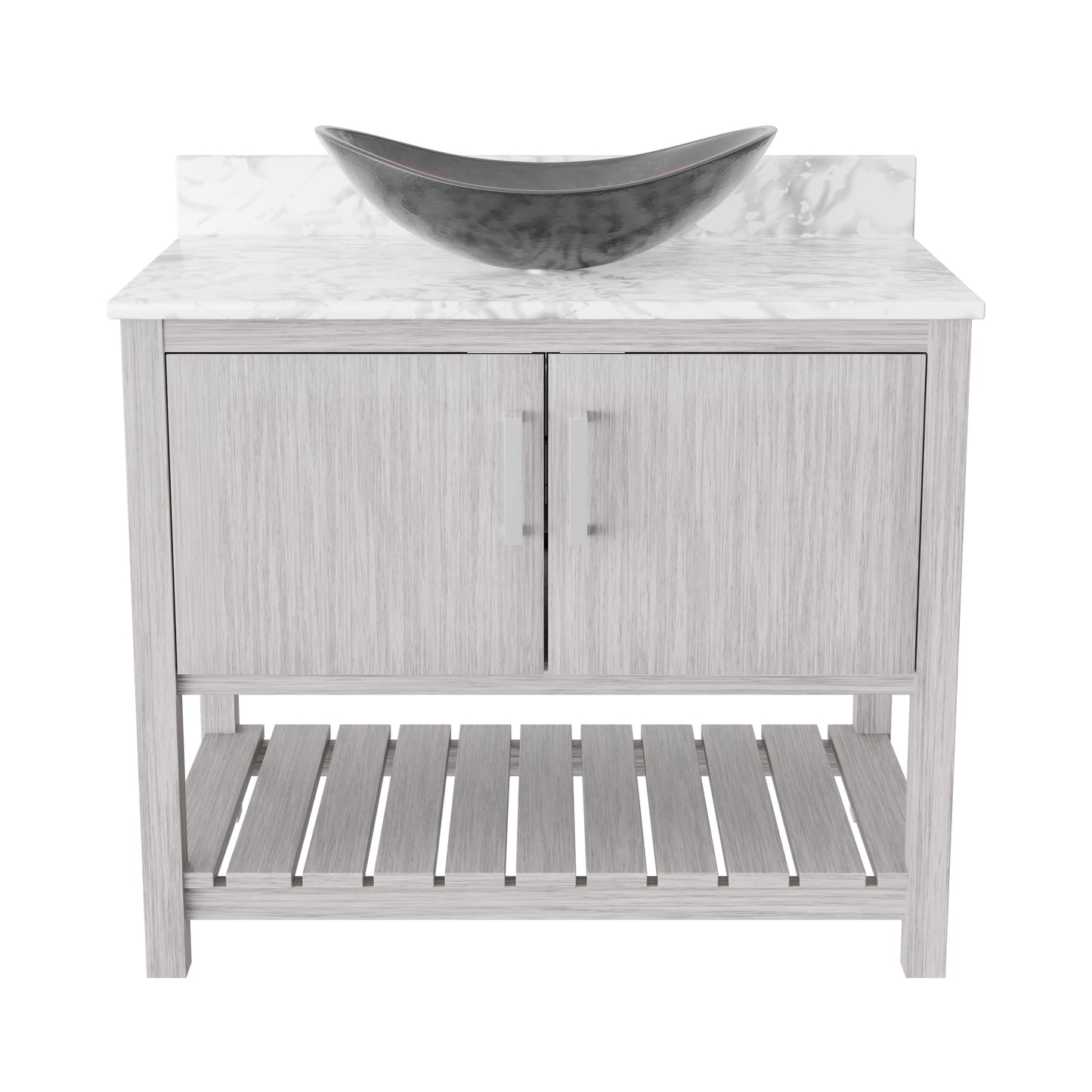 36-inch Novatto bath vanity with Carrara white marble countertop and integrated sink, showcasing a sleek bathroom accessory.