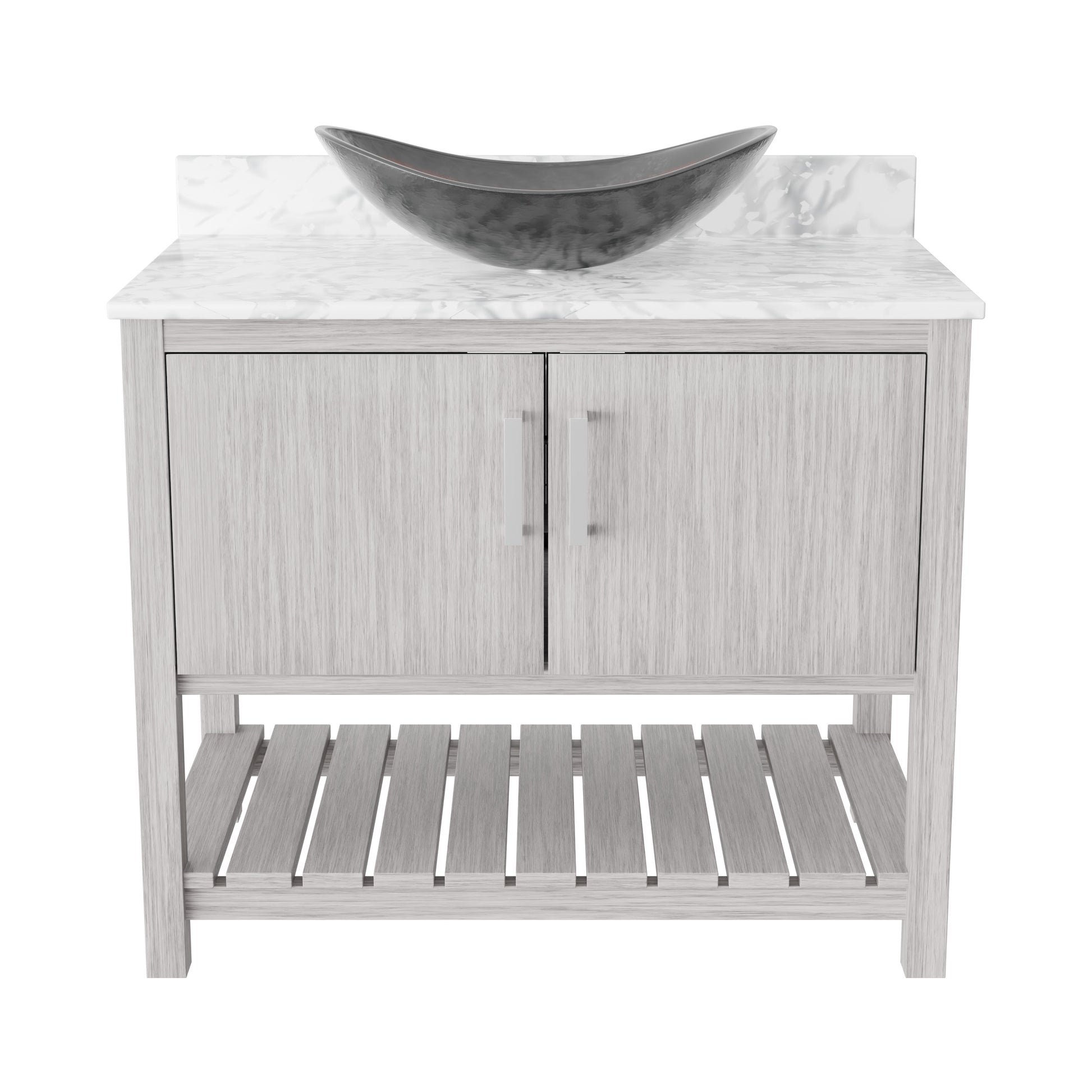 36-inch Novatto bath vanity with Carrara white marble countertop and integrated sink, showcasing a sleek bathroom accessory.