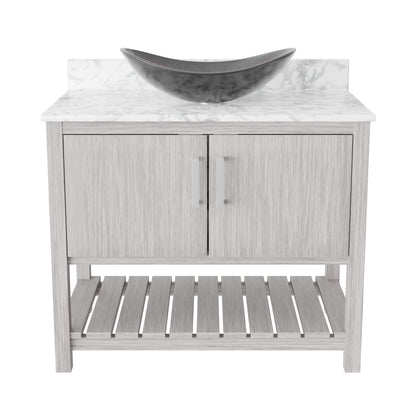 36-inch Novatto bath vanity with Carrara white marble countertop and integrated sink, showcasing a sleek bathroom accessory.