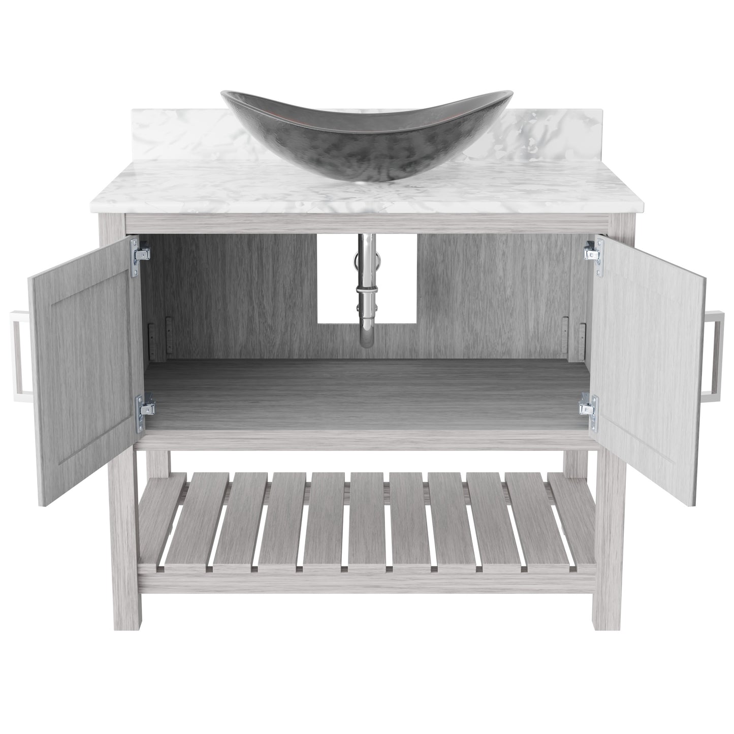 36-inch Novatto bath vanity with Carrara white marble countertop and sink, showcasing sleek bathroom accessory design.