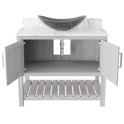 36-inch Novatto bath vanity with Carrara white marble countertop and sink, showcasing sleek bathroom accessory design.