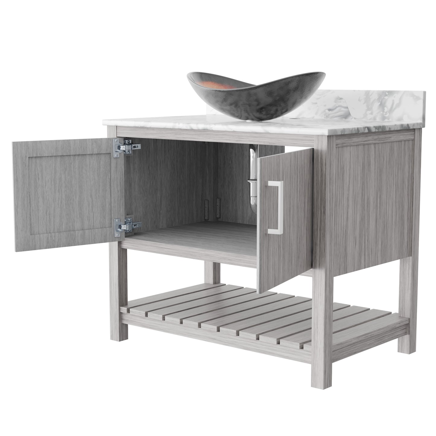 36-inch Novatto bath vanity with Carrara white marble countertop and sink, showcasing a sleek bathroom accessory design.