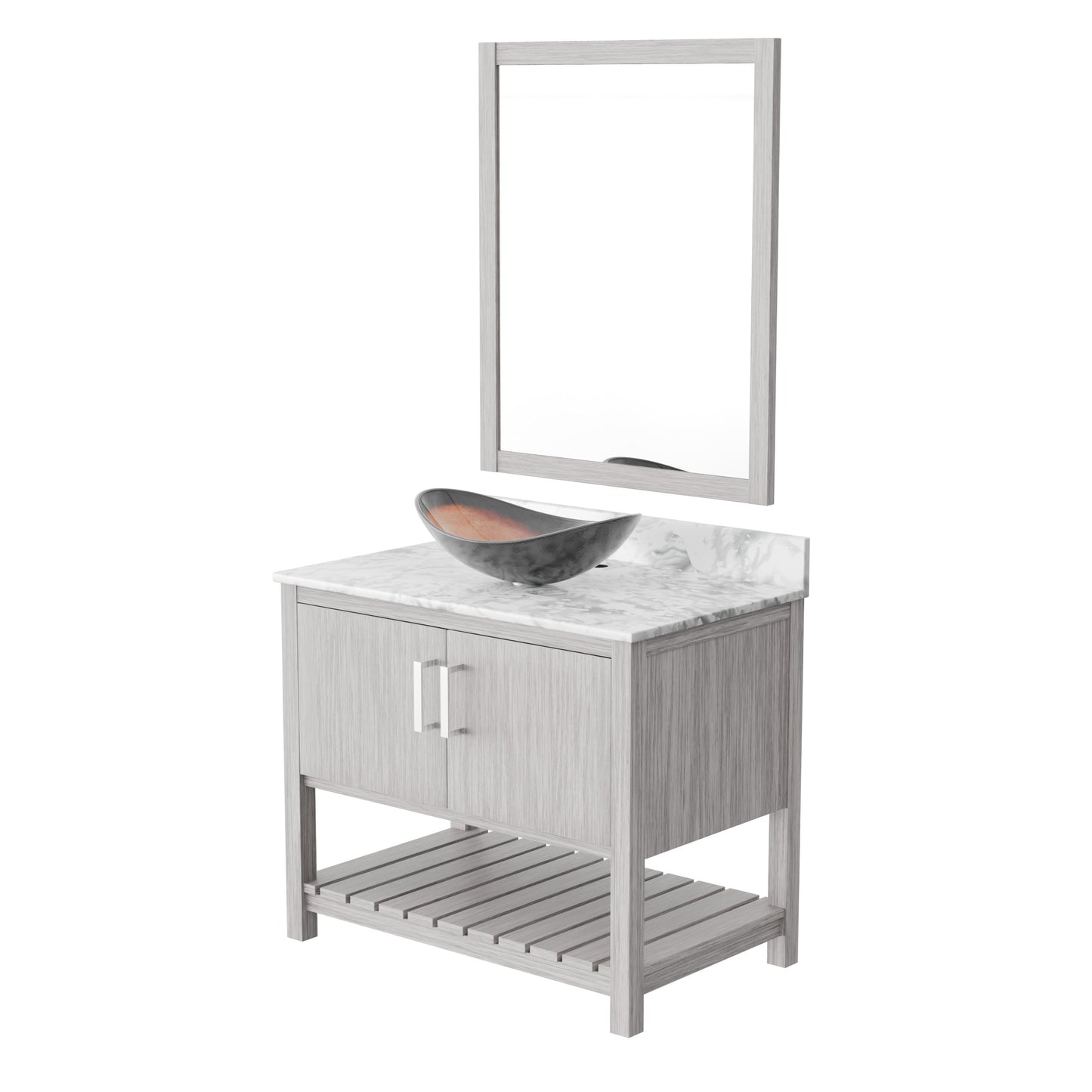 36-inch Novatto bath vanity with Carrara white marble countertop and sink, showcasing a sleek bathroom accessory.