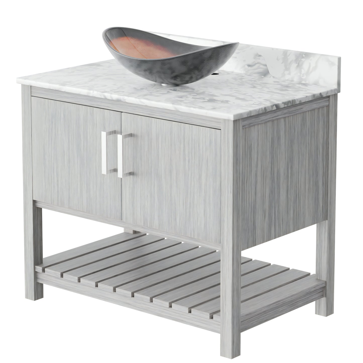 36-inch Novatto bath vanity with Carrara white marble counter and sink, featuring modern design and sleek fixtures.