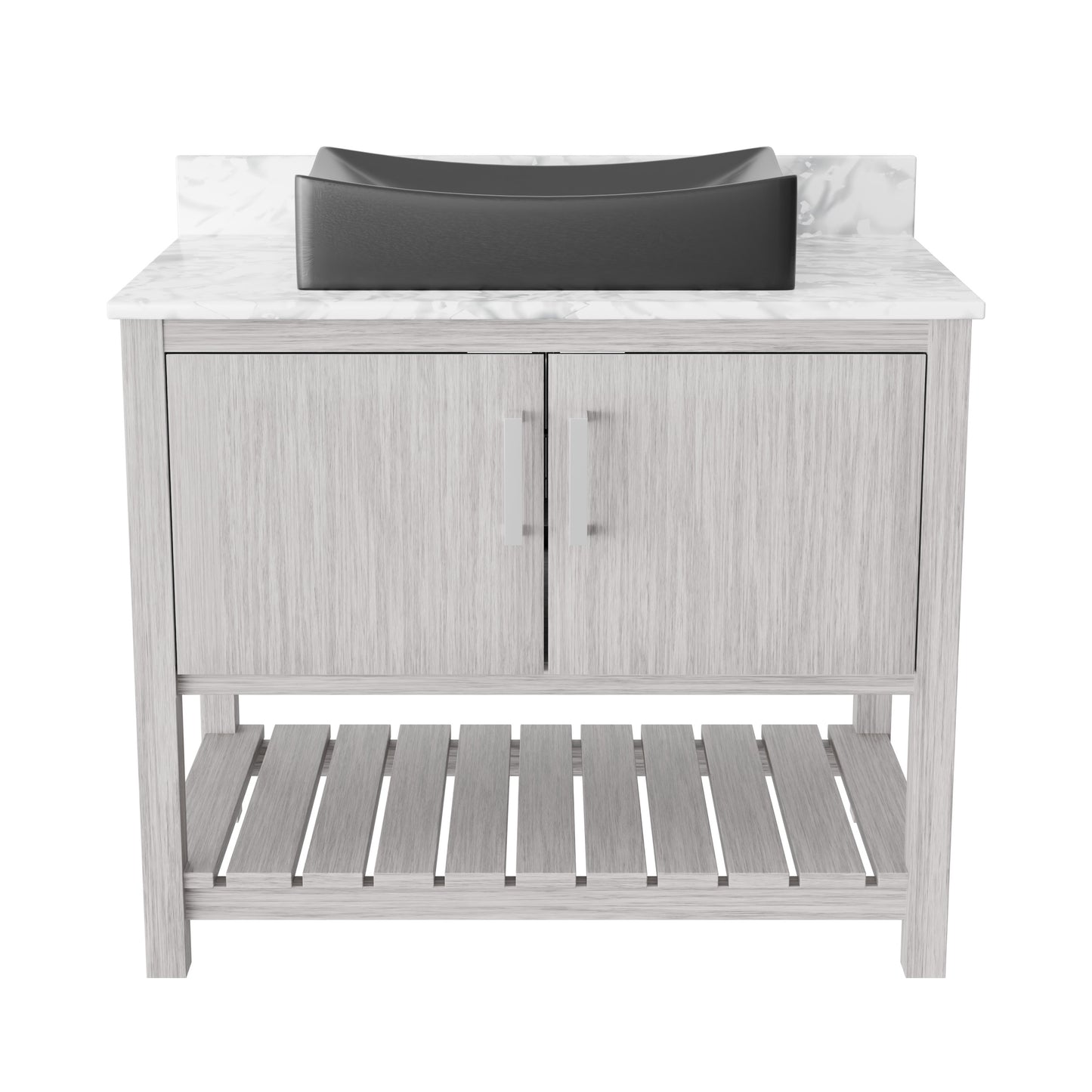 Novatto 36-inch bath vanity with Carrara white marble countertop and sink, modern bathroom accessory with sleek design.