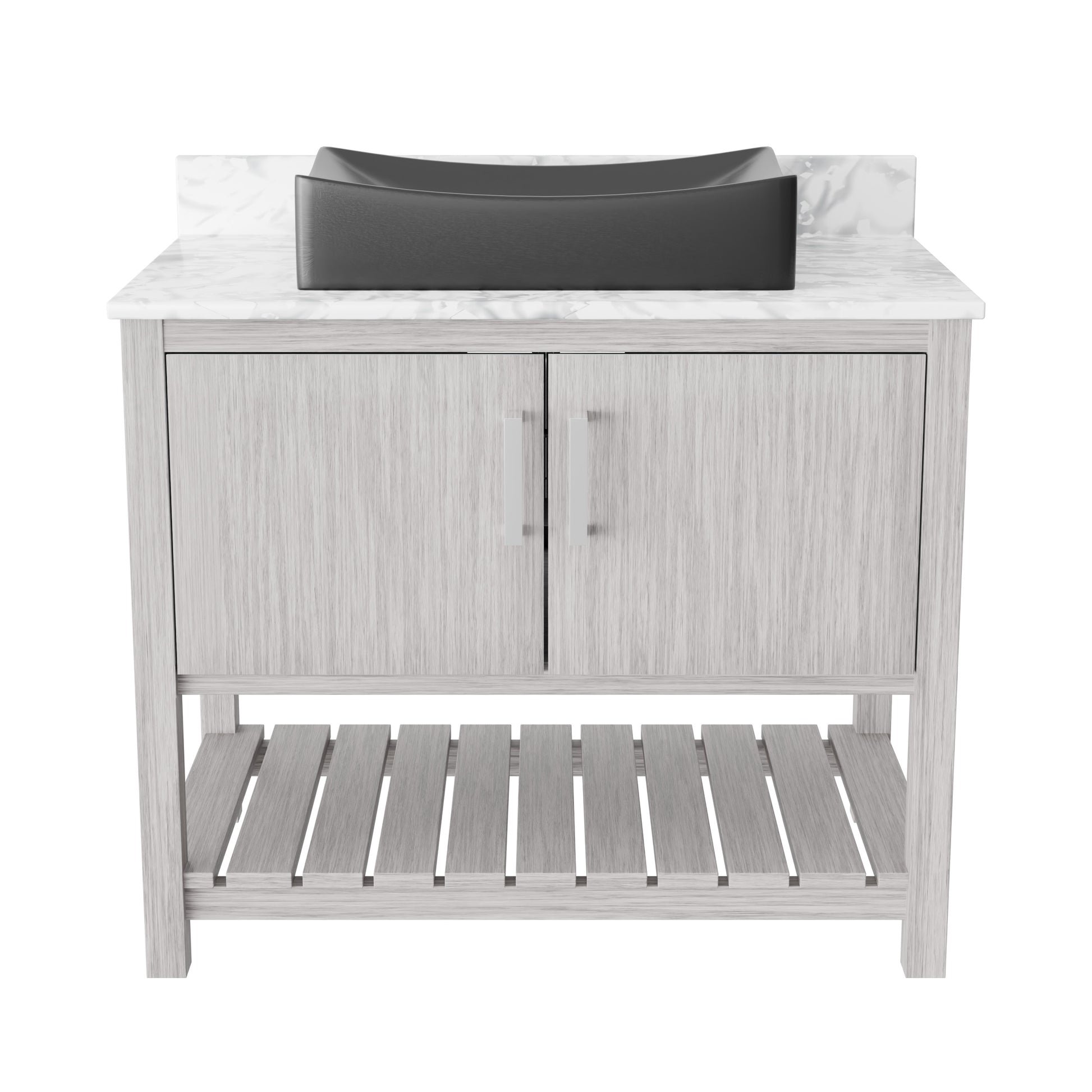 Novatto 36-inch bath vanity with Carrara white marble countertop and sink, modern bathroom accessory with sleek design.
