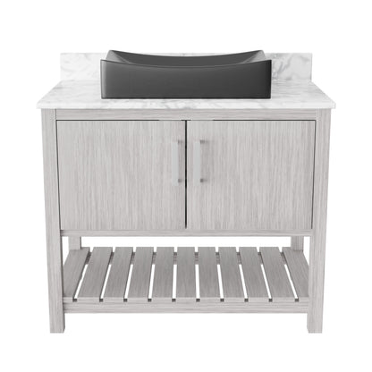 Novatto 36-inch bath vanity with Carrara white marble countertop and sink, modern bathroom accessory with sleek design.