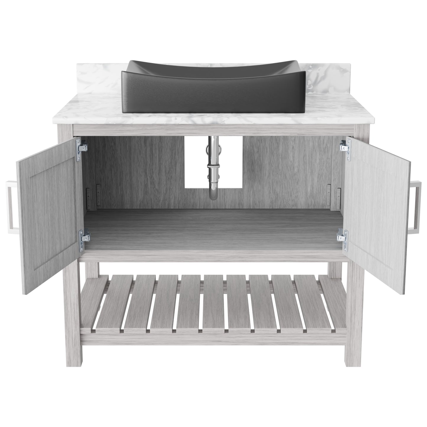 36-inch Novatto bath vanity with Carrara white marble counter and integrated sink, showcasing elegant bathroom accessory design.