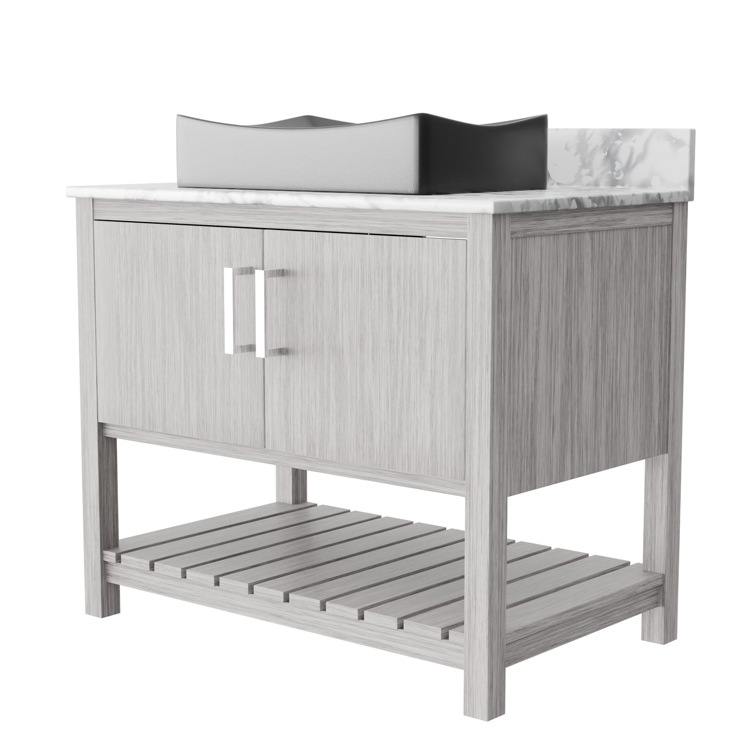 Novatto 36-inch bathroom vanity with Carrara white marble countertop and sink, featuring modern accessory design.
