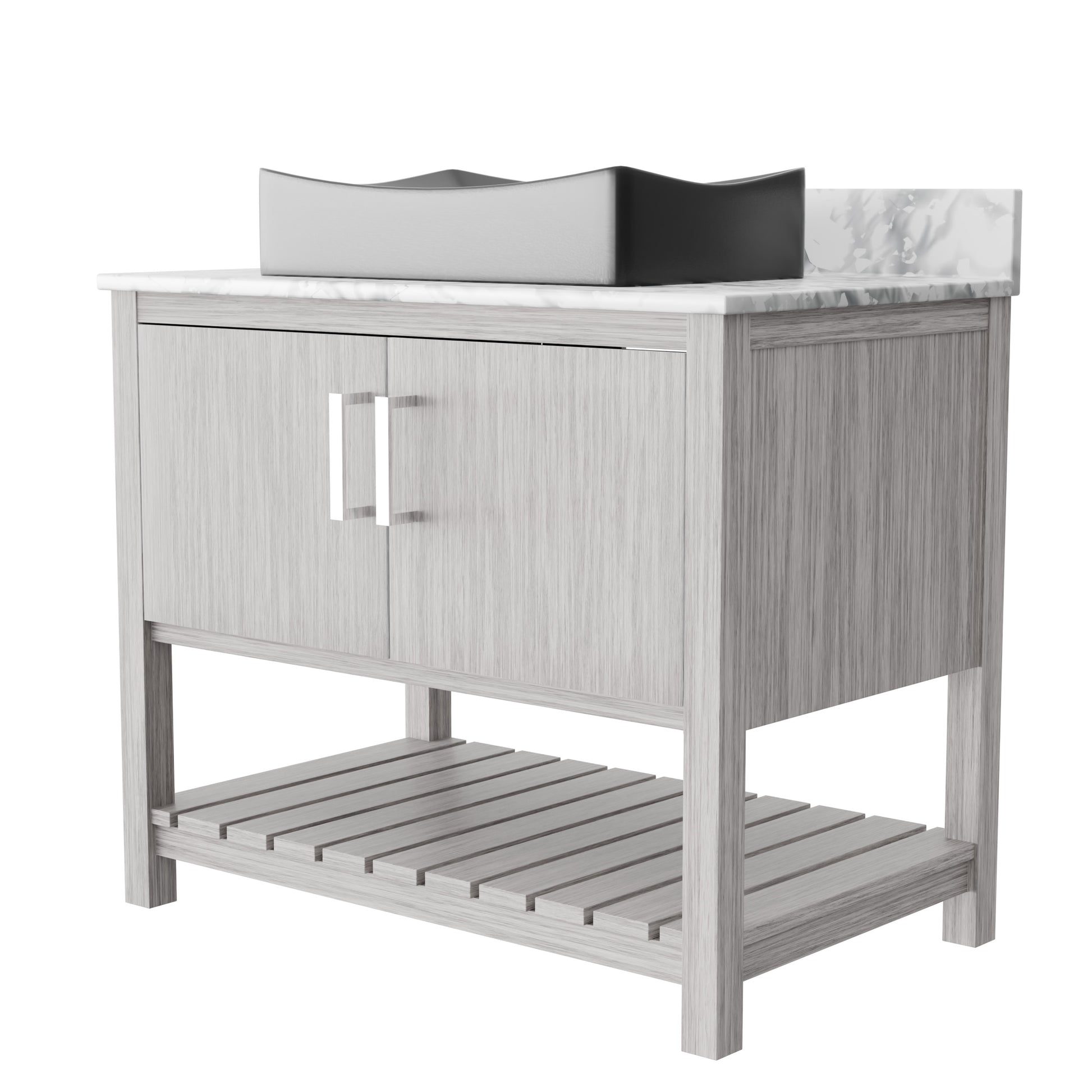 Novatto 36-inch bathroom vanity with Carrara white marble countertop and sink, featuring modern accessory design.