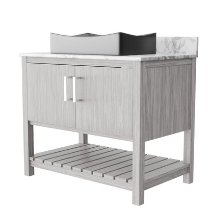 Novatto 36-inch bathroom vanity with Carrara white marble countertop and sink, featuring modern accessory design.