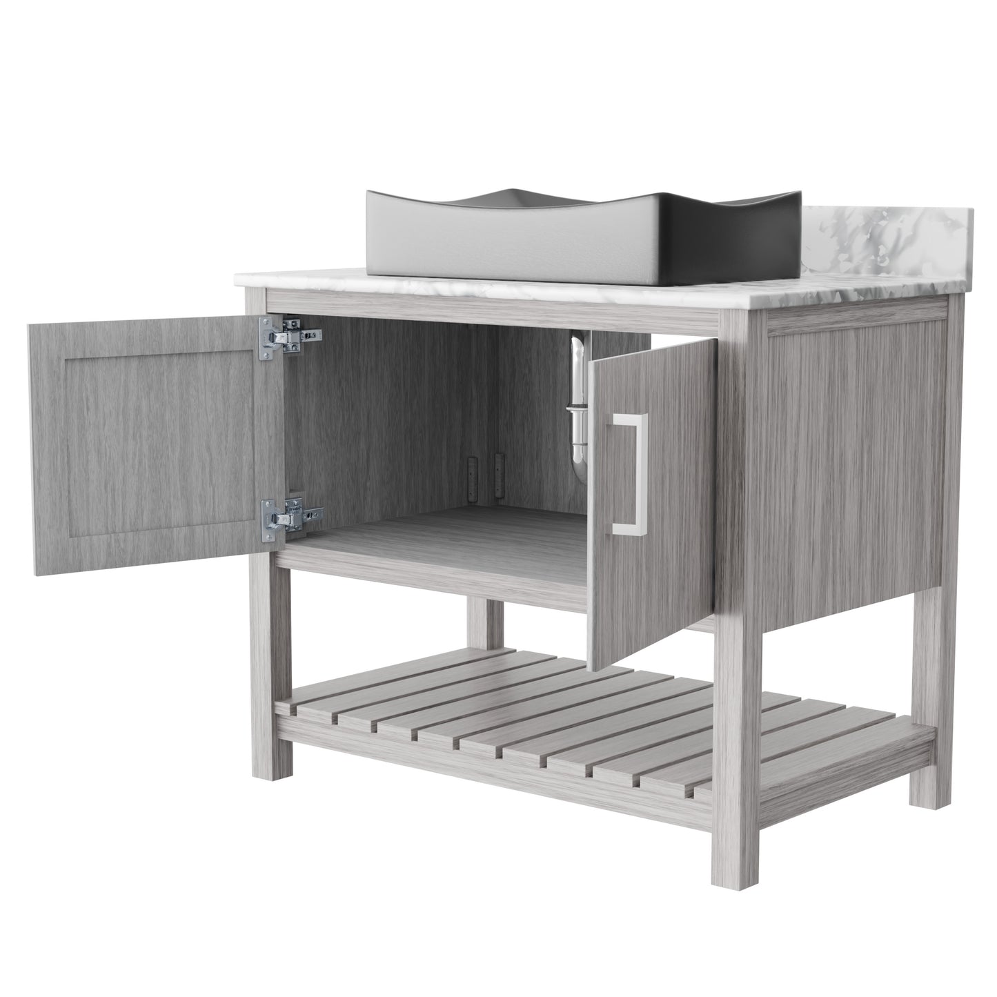 Novatto 36-inch bath vanity with Carrara white marble counter and sink, shown from a side view with sleek design details