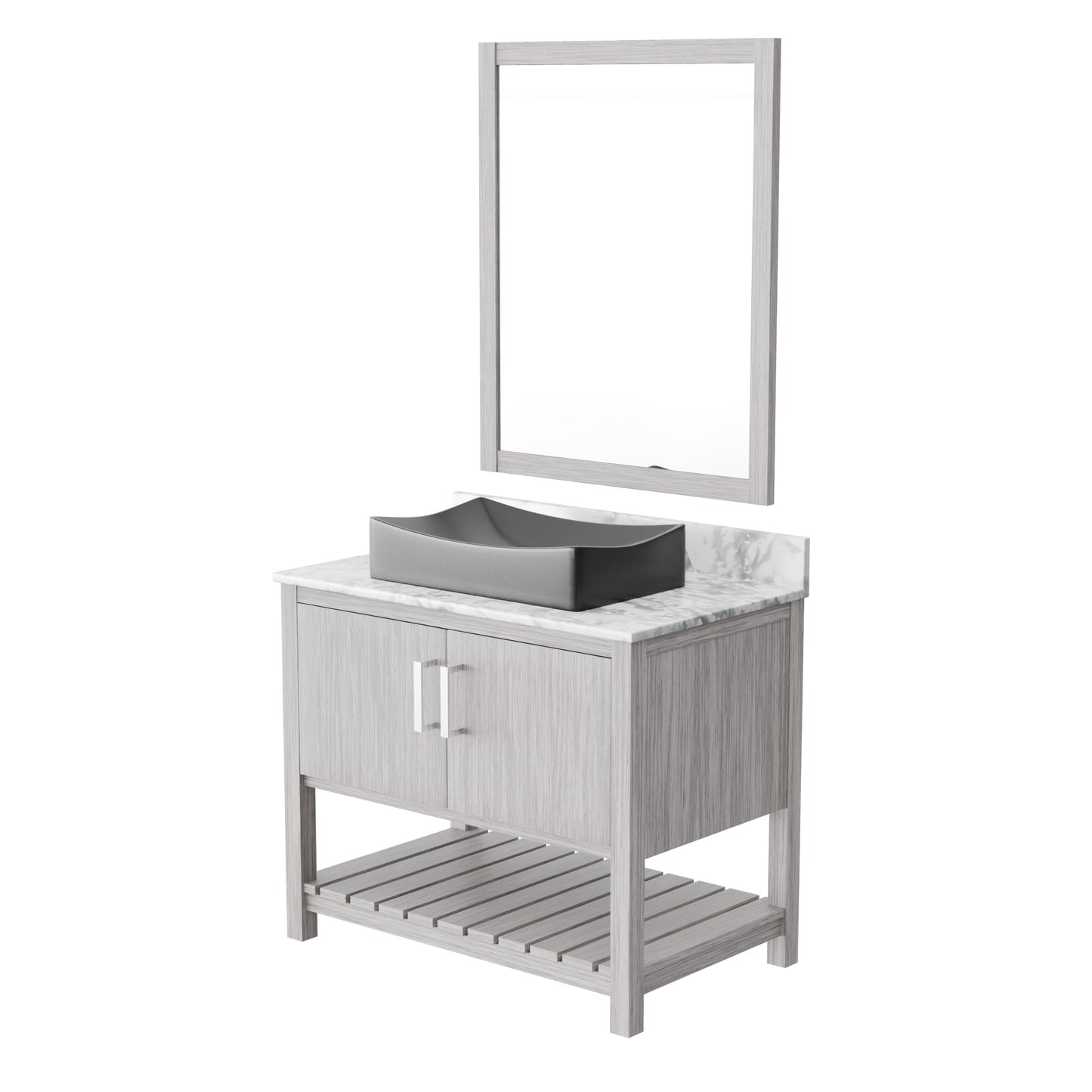 Novatto 36-inch bathroom vanity with Carrara white marble countertop and integrated sink, showcasing elegant bathroom accessory design.