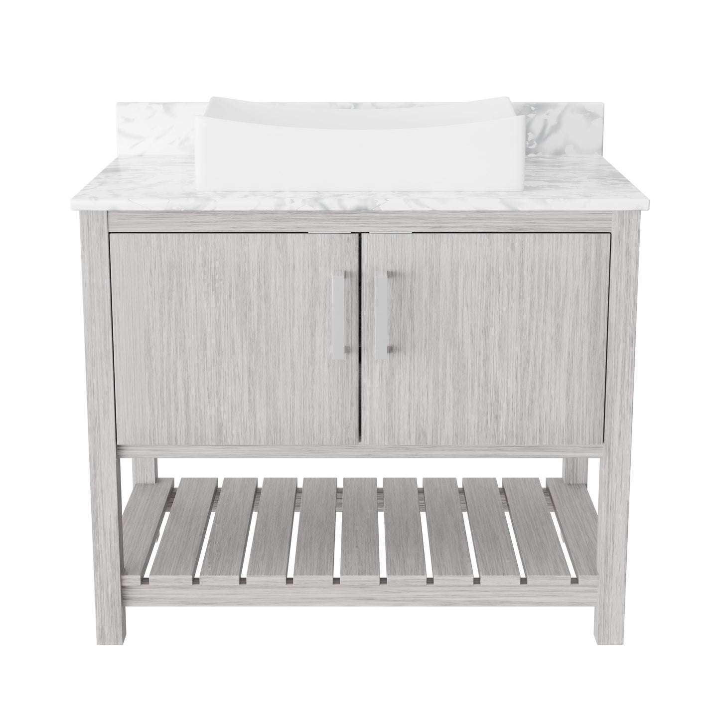Novatto 36-inch bath vanity with Carrara white marble countertop and sink, featuring modern bathroom accessory design.