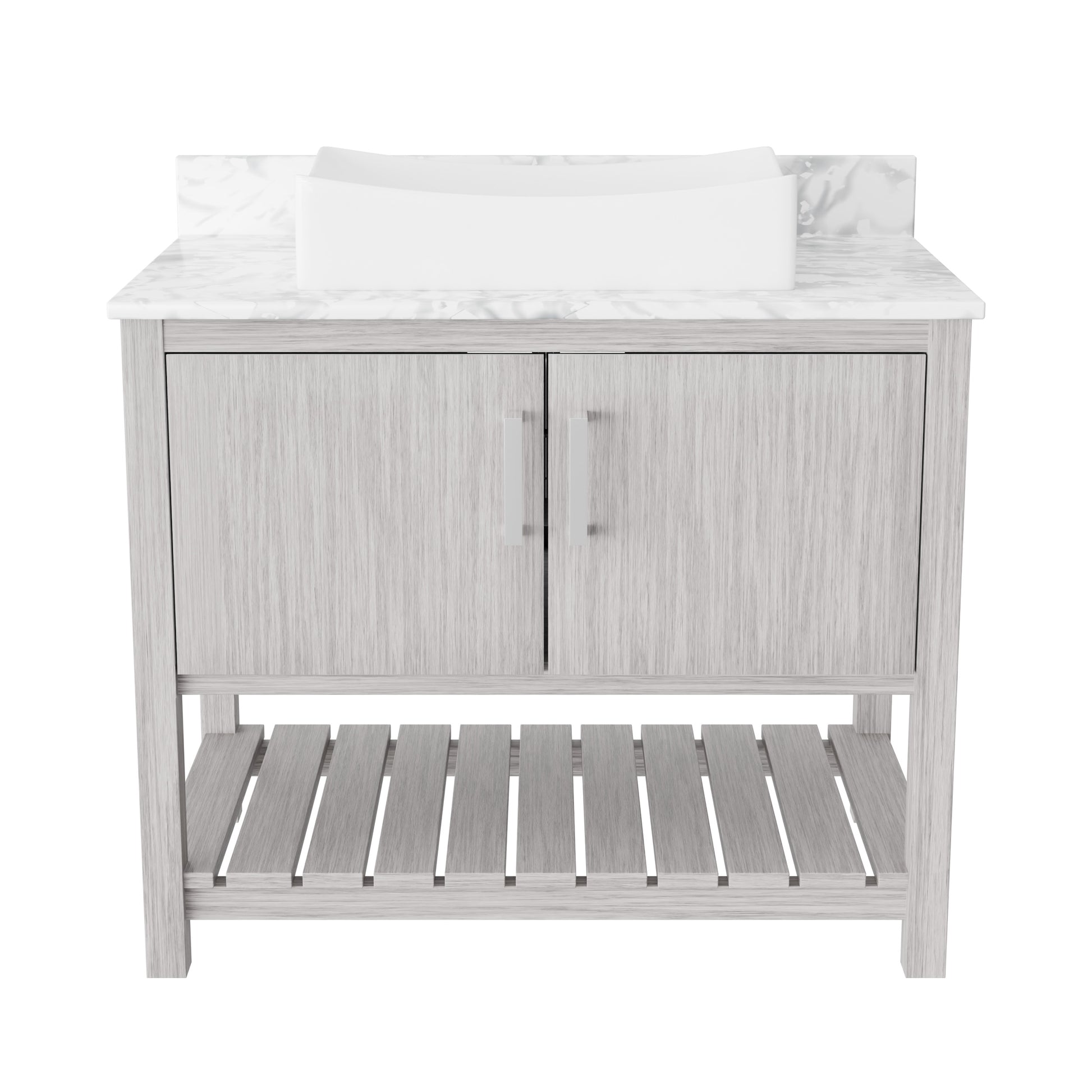 Novatto 36-inch bath vanity with Carrara white marble countertop and sink, featuring modern bathroom accessory design.