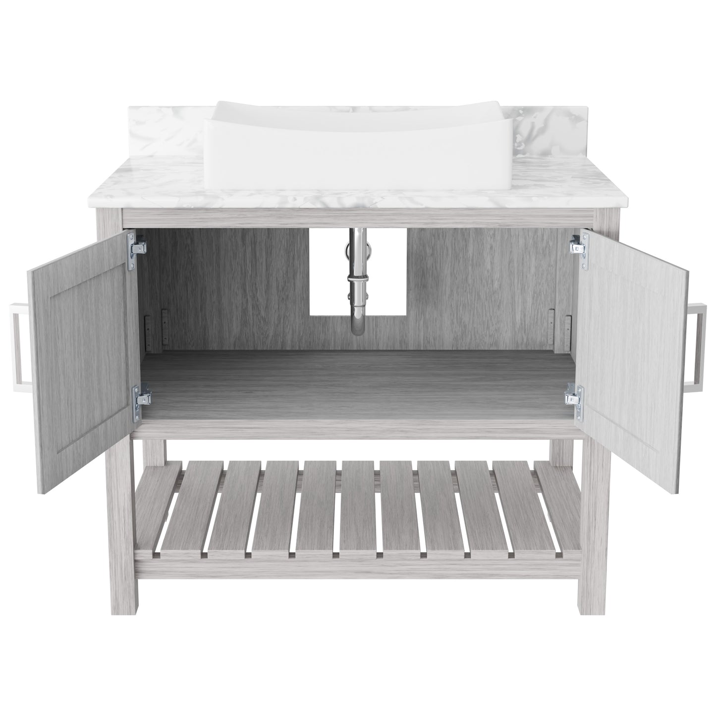 Novatto 36-inch bath vanity with Carrara white marble countertop and integrated sink, showcasing elegant bathroom accessory design.