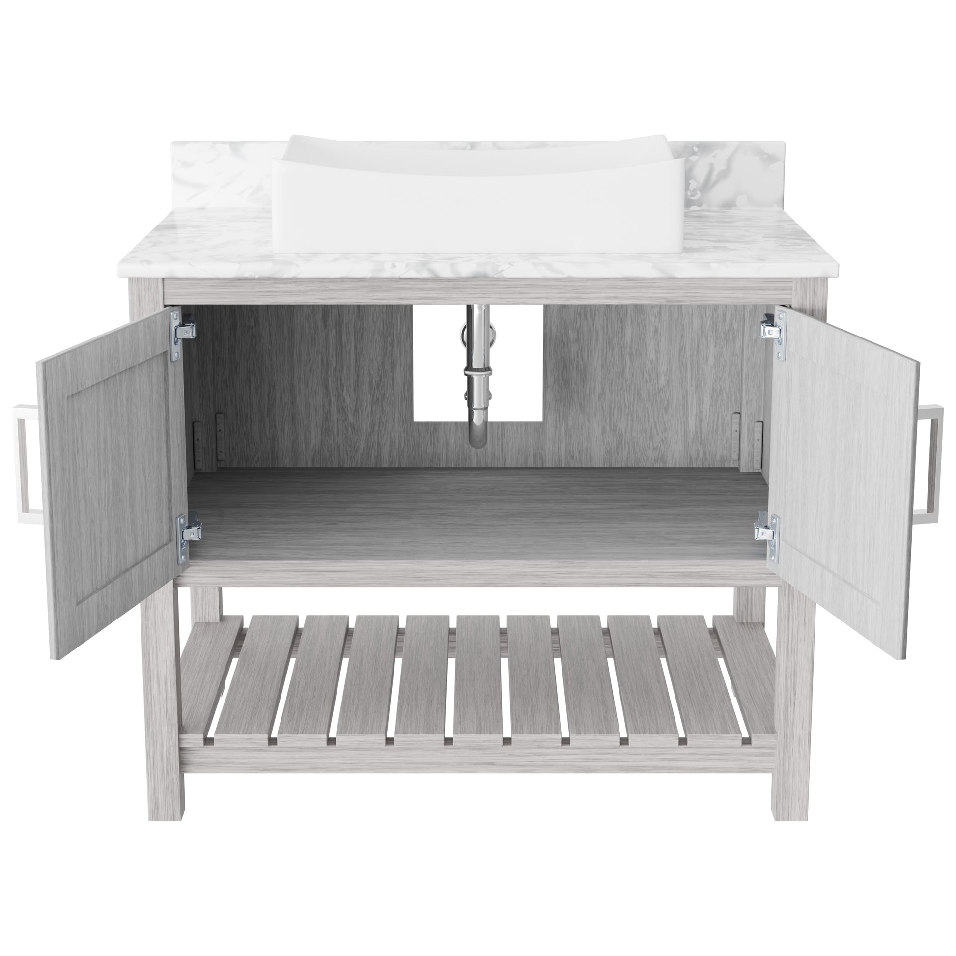 Novatto 36-inch bath vanity with Carrara white marble countertop and integrated sink, showcasing elegant bathroom accessory design.