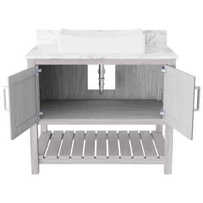 Novatto 36-inch bath vanity with Carrara white marble countertop and integrated sink, showcasing elegant bathroom accessory design.