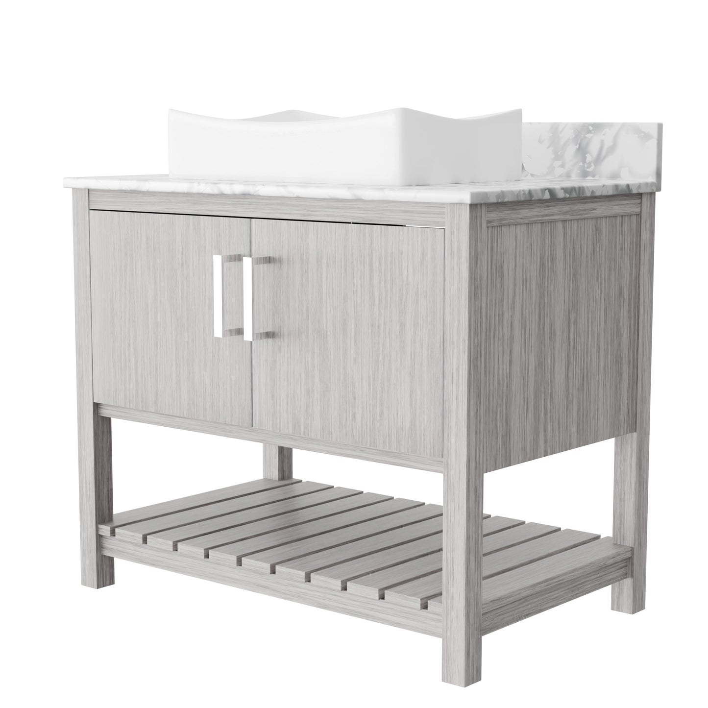 Novatto 36-inch bathroom vanity with Carrara white marble countertop and sink, featuring sleek modern design and storage space.