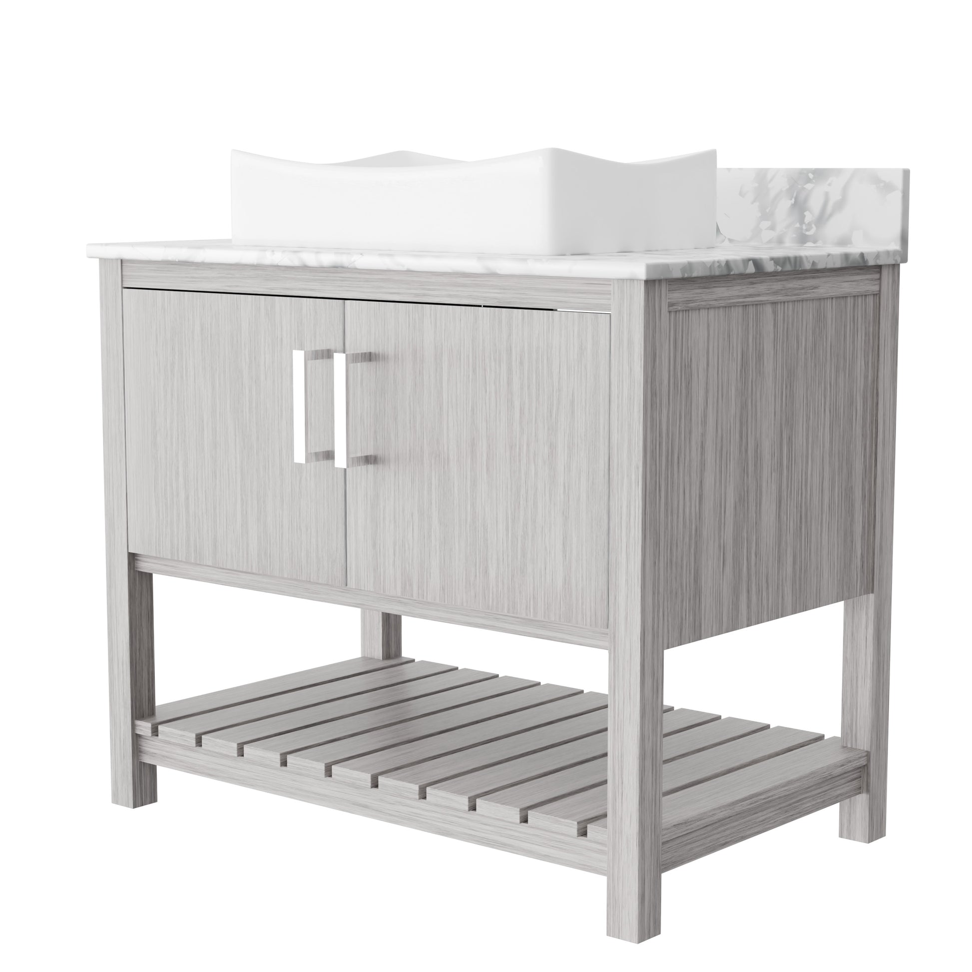 Novatto 36-inch bathroom vanity with Carrara white marble countertop and sink, featuring sleek modern design and storage space.