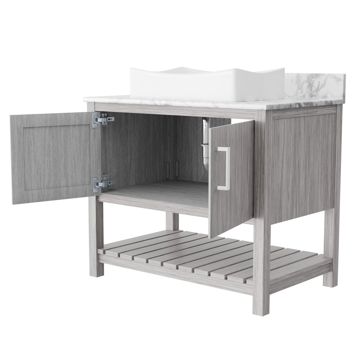 36-inch Novatto bath vanity with Carrara white marble countertop and integrated sink, showcasing a sleek, modern bathroom accessory.