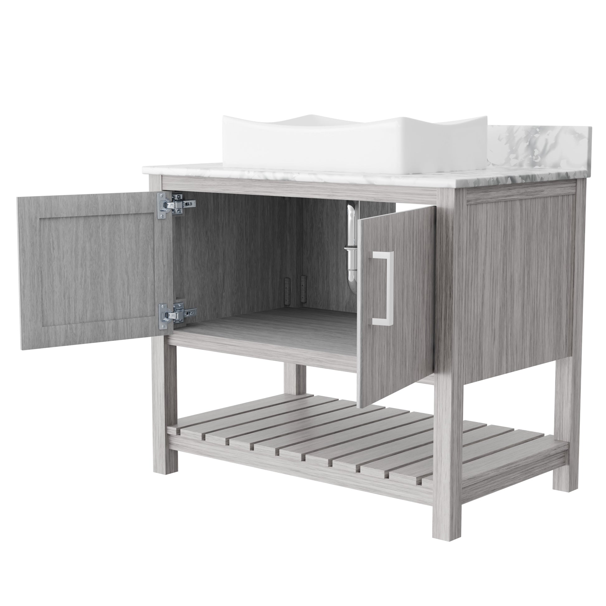 36-inch Novatto bath vanity with Carrara white marble countertop and integrated sink, showcasing a sleek, modern bathroom accessory.