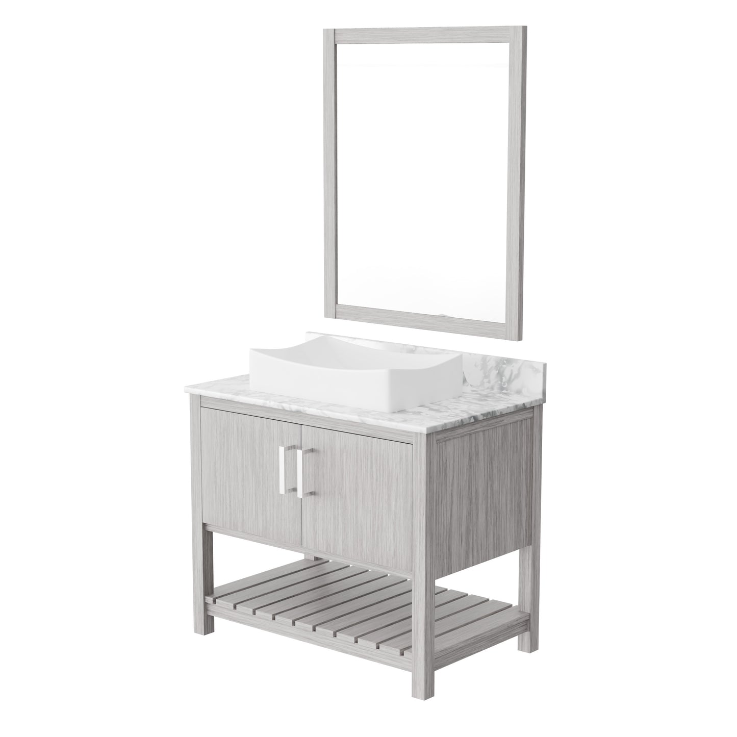 36-inch Novatto bath vanity with Carrara white marble countertop and integrated sink, shown in a modern bathroom setting.
