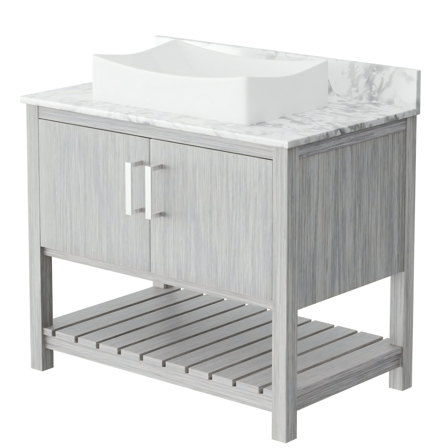 36-inch Novatto bath vanity with Carrara white marble countertop and integrated sink, showcasing elegant bathroom accessory design