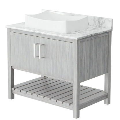 36-inch Novatto bath vanity with Carrara white marble countertop and integrated sink, showcasing elegant bathroom accessory design