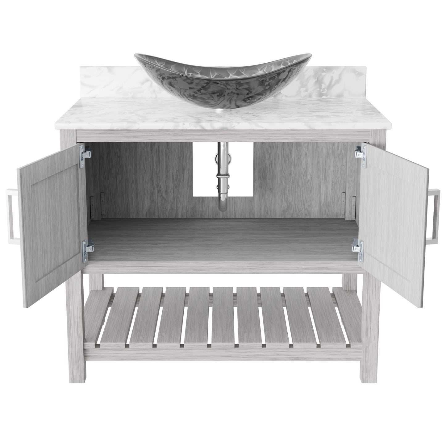 36-inch Novatto bath vanity with Carrara white marble countertop and sink, featuring sleek, modern bathroom accessory design